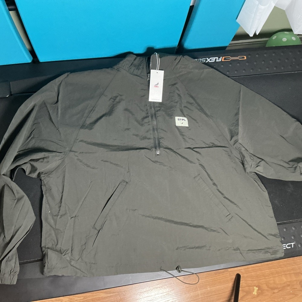 Staple Men's Windbreaker Jacket Black 1/4 Zip Logo Drawstring Mid-Length L